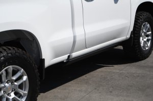 Chevrolet Silverado 1500 Running Boards - Go Rhino - VoltStep Electric, Bedliner Coating, 6-inch width, Integrated LED, Dual-Motor, Magnetically-Activated - Black - `19-`25